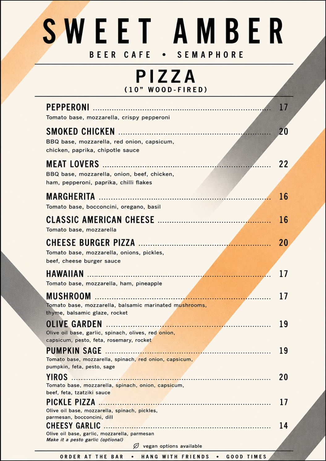 Sweet Amber pizza menu